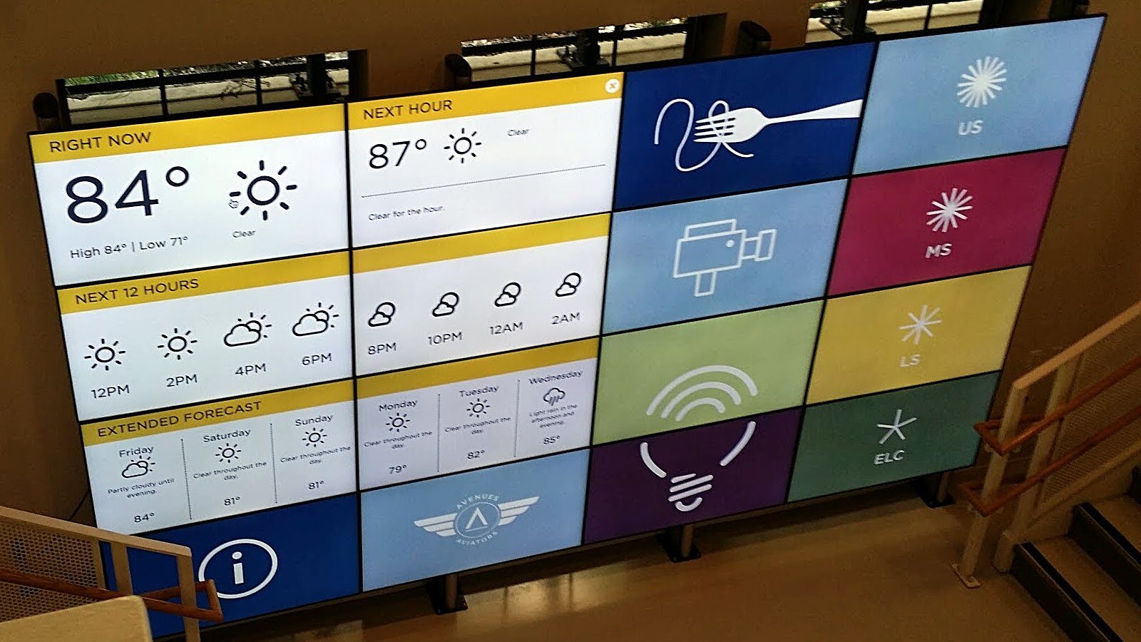 A tiled video wall showing weather and icons