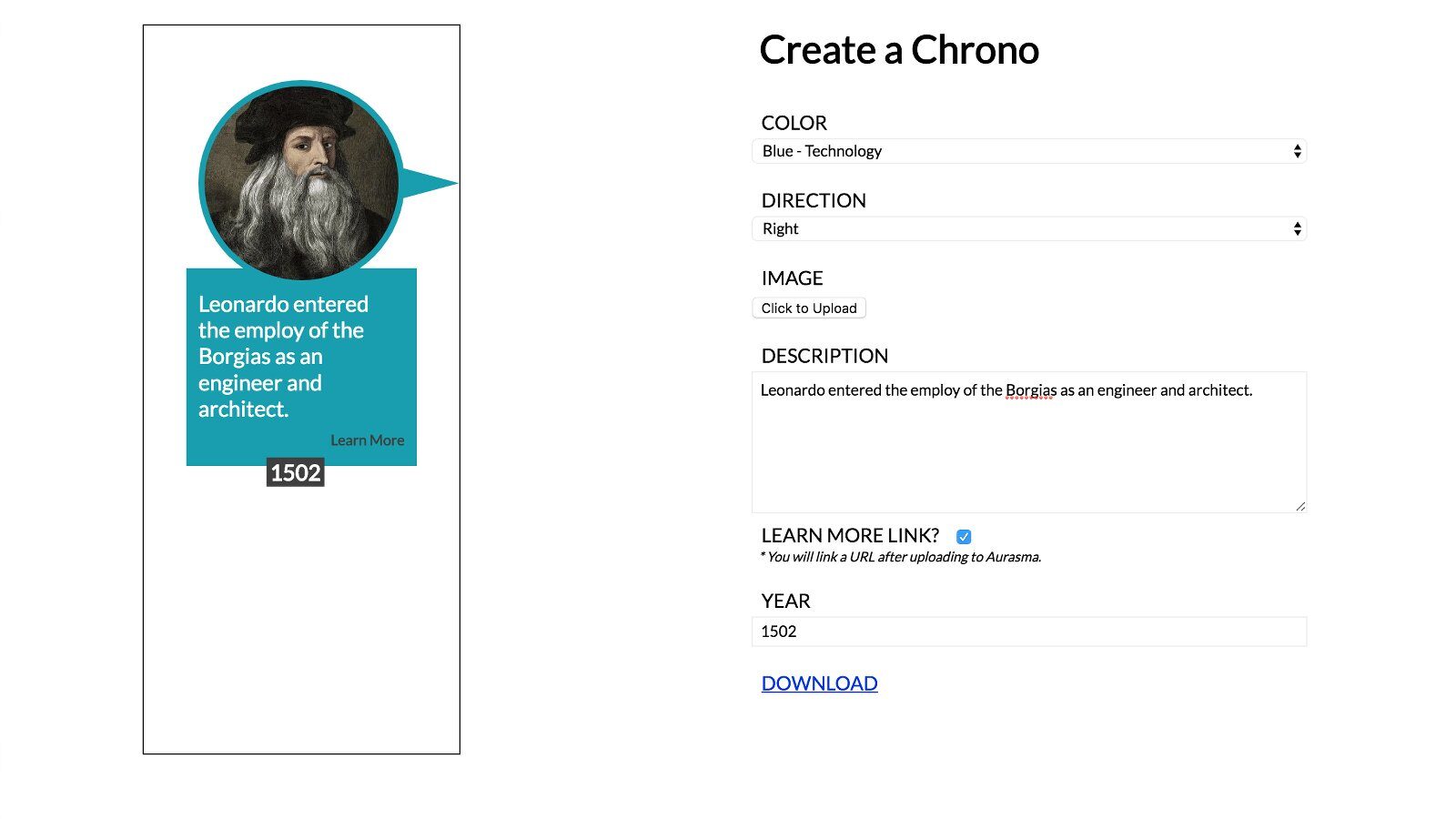 The Create a Chrono form beside a finished tag
