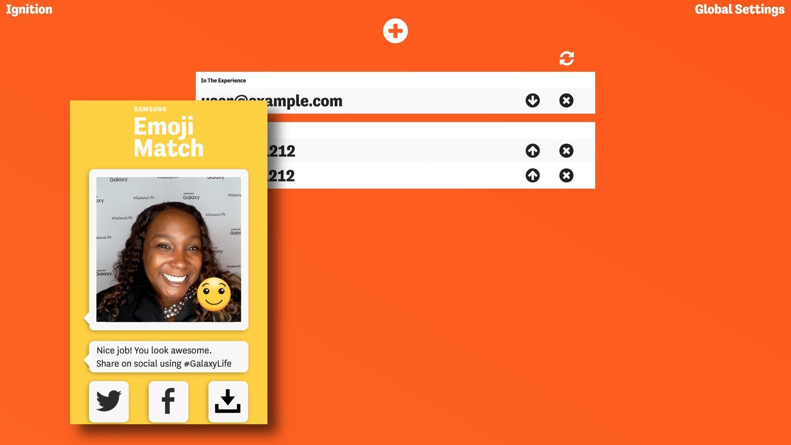 The Emojimatch tablet screen with a visitor's photo