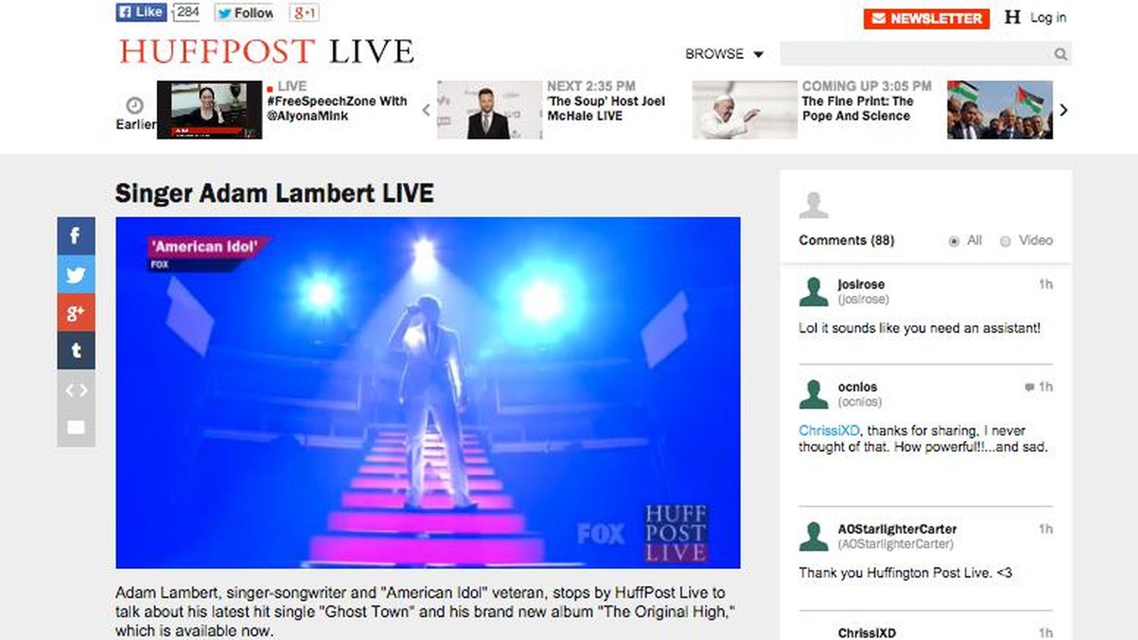 The HuffPost Live player and comment stream